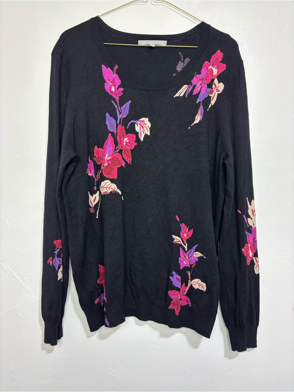 Daniel Rainn Black Floral Knit Scoop Neck Long Sleeve Pullover Sweater Women's L